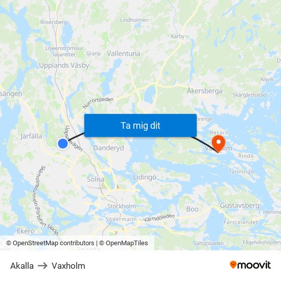 Akalla to Vaxholm map