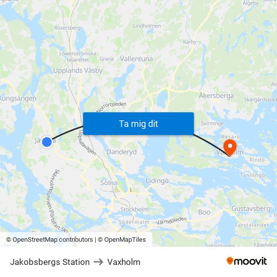 Jakobsbergs Station to Vaxholm map