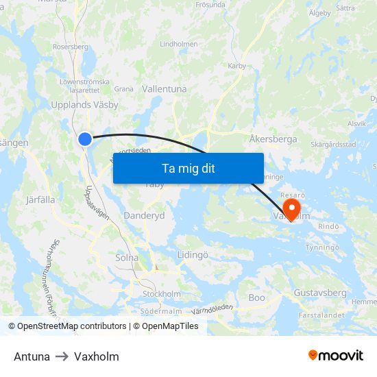 Antuna to Vaxholm map