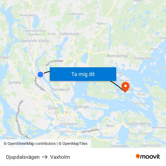 Djupdalsvägen to Vaxholm map