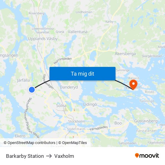 Barkarby Station to Vaxholm map