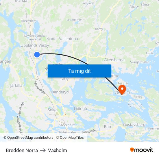 Bredden Norra to Vaxholm map