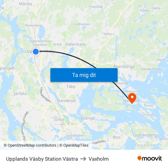 Upplands Väsby Station Västra to Vaxholm map