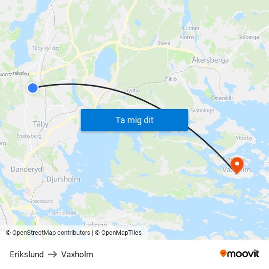 Erikslund to Vaxholm map