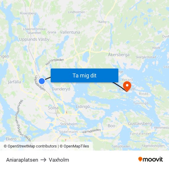 Aniaraplatsen to Vaxholm map