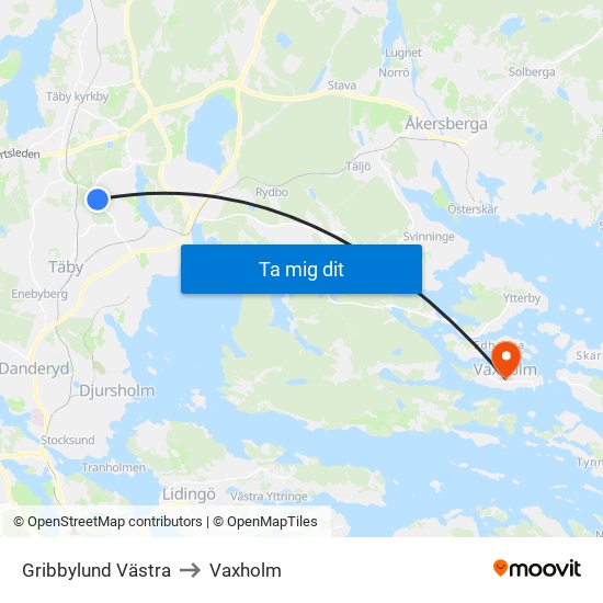 Gribbylund Västra to Vaxholm map