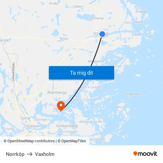 Norrköp to Vaxholm map