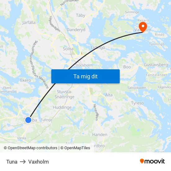 Tuna to Vaxholm map