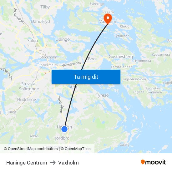 Haninge Centrum to Vaxholm map