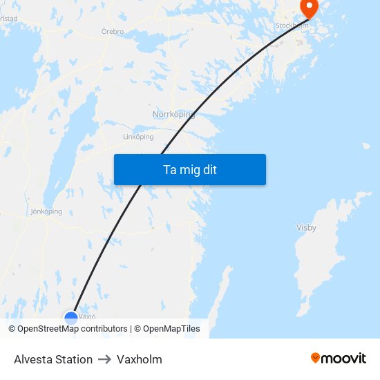 Alvesta Station to Vaxholm map