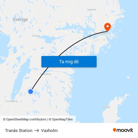 Tranås Station to Vaxholm map