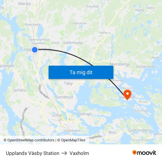 Upplands Väsby Station to Vaxholm map