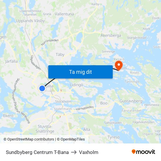 Sundbyberg Centrum T-Bana to Vaxholm map