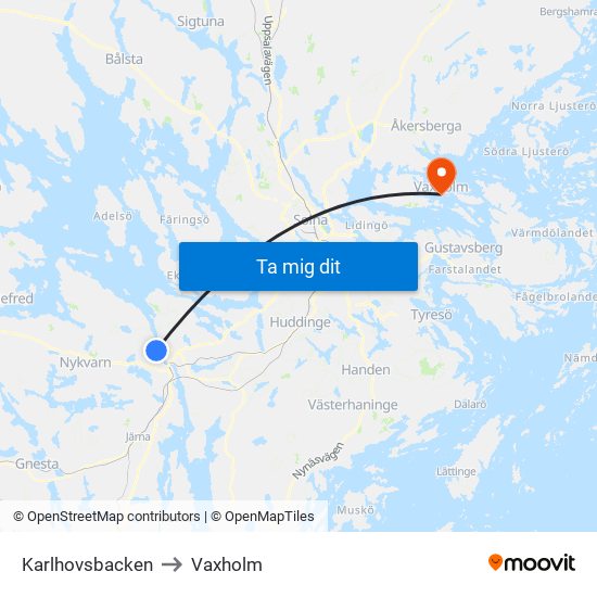 Karlhovsbacken to Vaxholm map