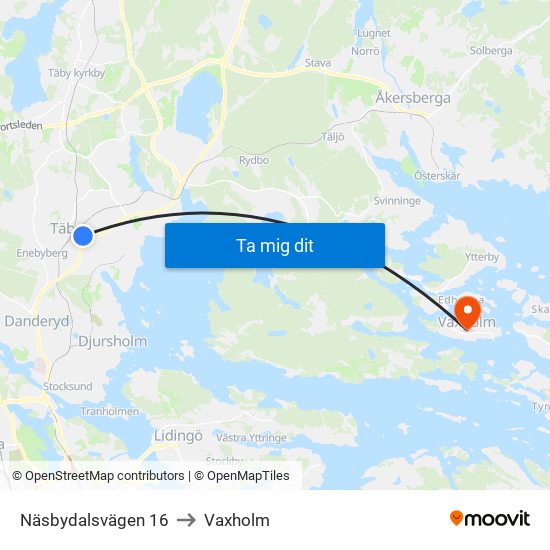 Näsbydalsvägen 16 to Vaxholm map