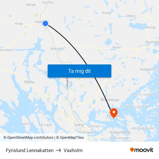Fyrislund Lennakatten to Vaxholm map