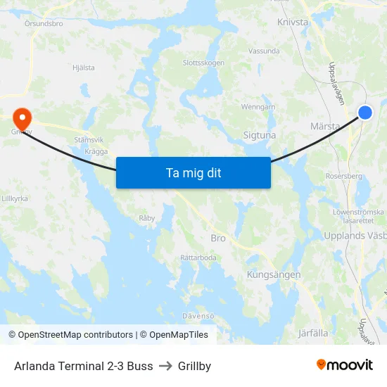 Arlanda Terminal 2-3 Buss to Grillby map