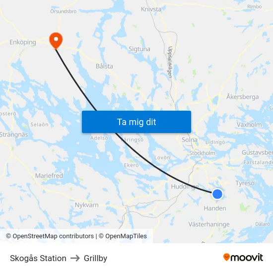 Skogås Station to Grillby map