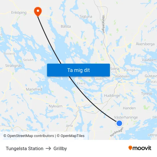 Tungelsta Station to Grillby map