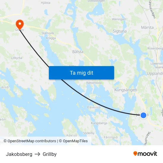 Jakobsberg to Grillby map