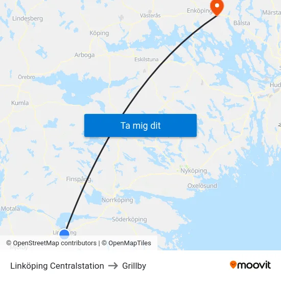 Linköping Centralstation to Grillby map