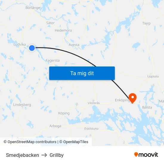 Smedjebacken to Grillby map