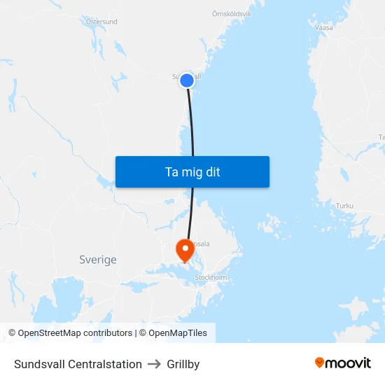 Sundsvall Centralstation to Grillby map
