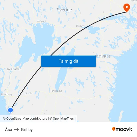 Åsa to Grillby map