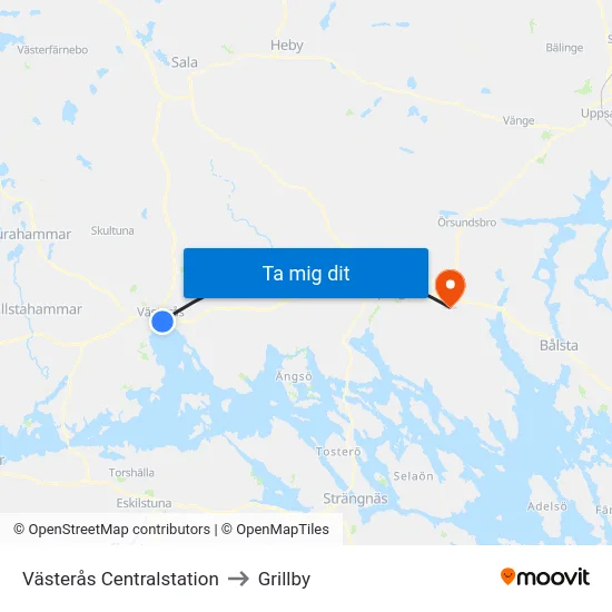 Västerås Centralstation to Grillby map