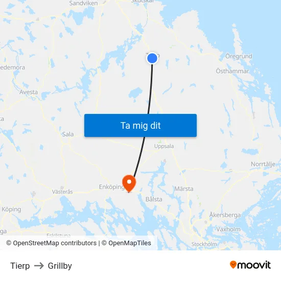 Tierp to Grillby map