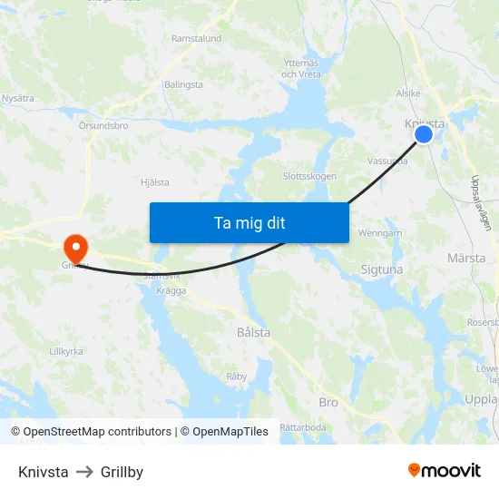 Knivsta to Grillby map
