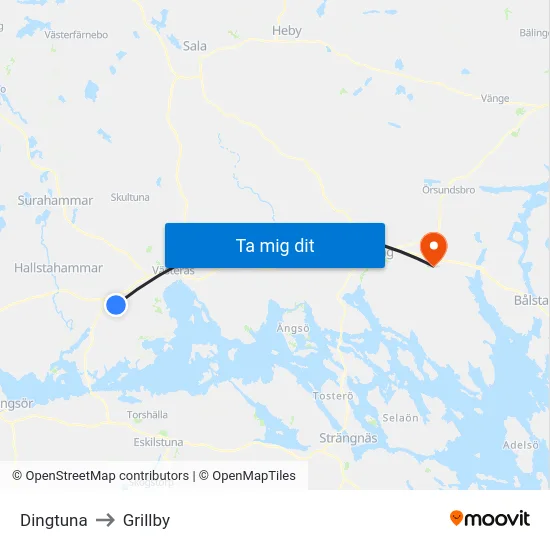 Dingtuna to Grillby map