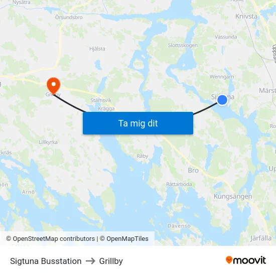 Sigtuna Busstation to Grillby map