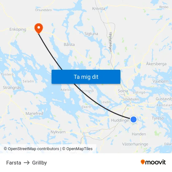 Farsta to Grillby map