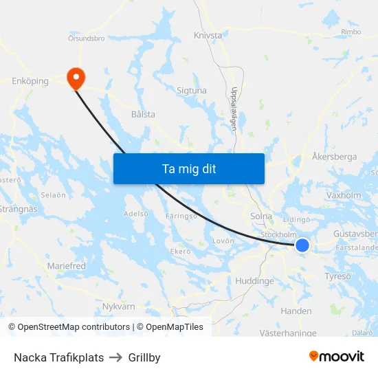 Nacka Trafikplats to Grillby map