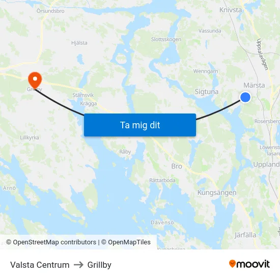 Valsta Centrum to Grillby map