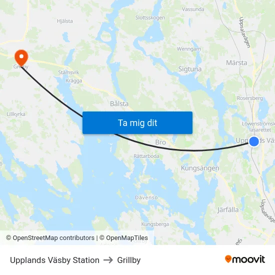 Upplands Väsby Station to Grillby map