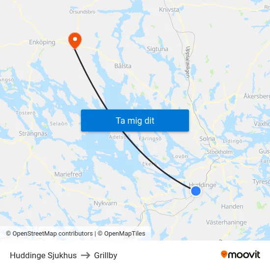 Huddinge Sjukhus to Grillby map