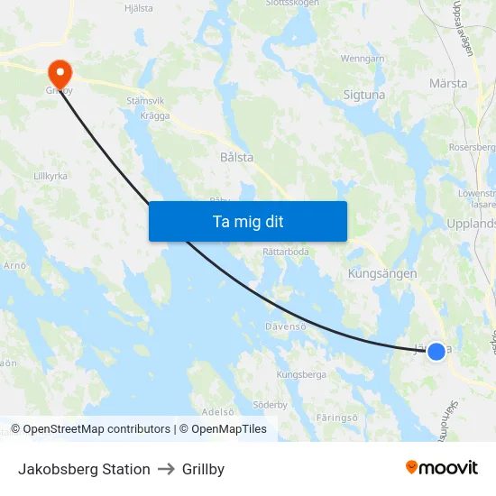 Jakobsberg Station to Grillby map