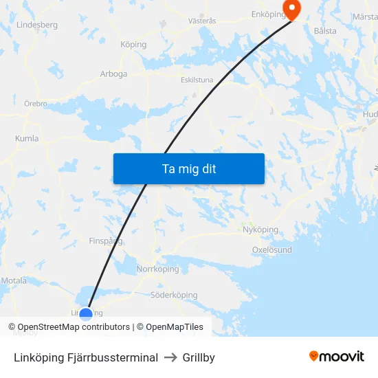 Linköping Fjärrbussterminal to Grillby map