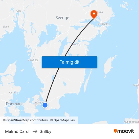 Malmö Caroli to Grillby map