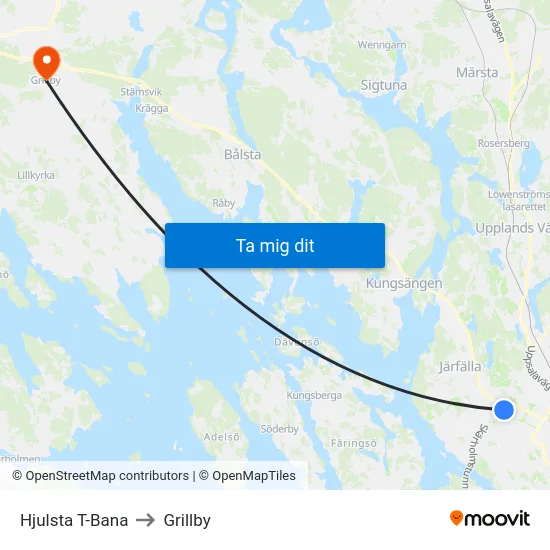 Hjulsta T-Bana to Grillby map