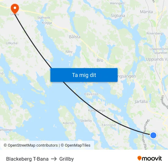Blackeberg T-Bana to Grillby map