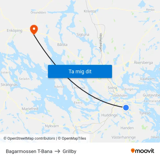 Bagarmossen T-Bana to Grillby map