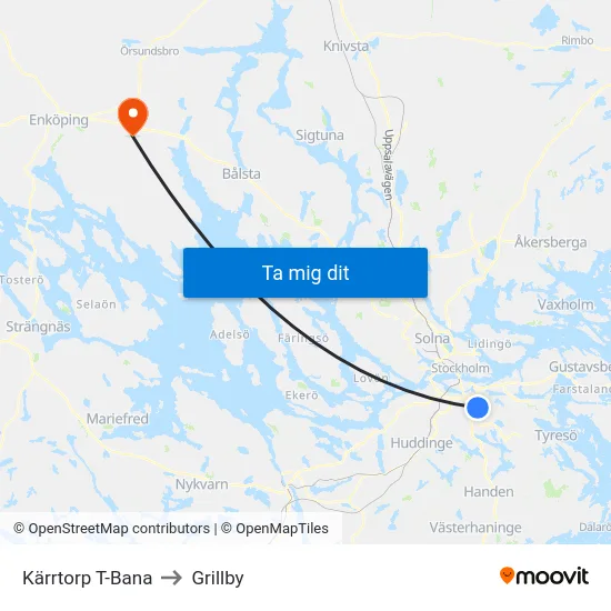 Kärrtorp T-Bana to Grillby map