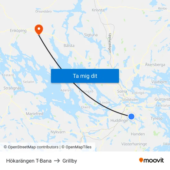 Hökarängen T-Bana to Grillby map