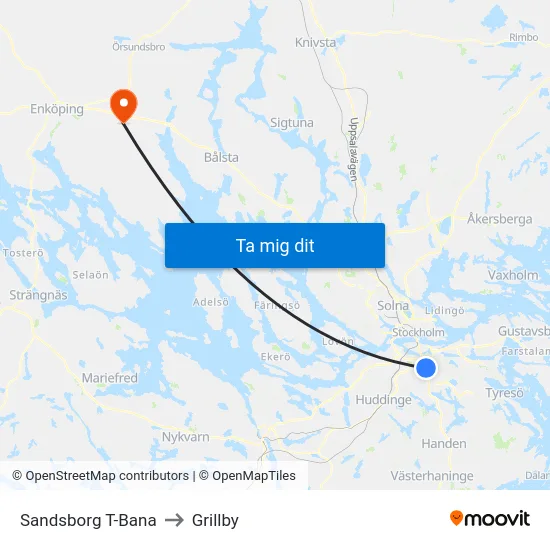 Sandsborg T-Bana to Grillby map
