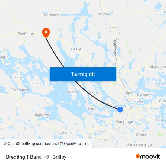 Bredäng T-Bana to Grillby map