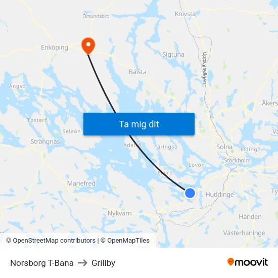 Norsborg T-Bana to Grillby map