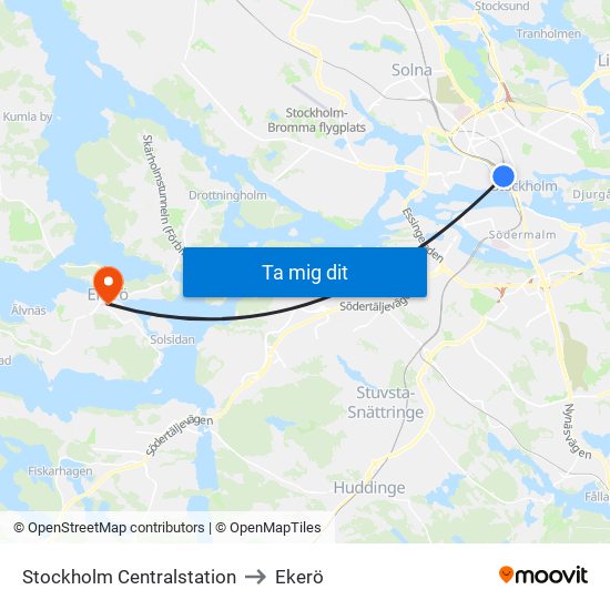 Stockholm Centralstation to Ekerö map